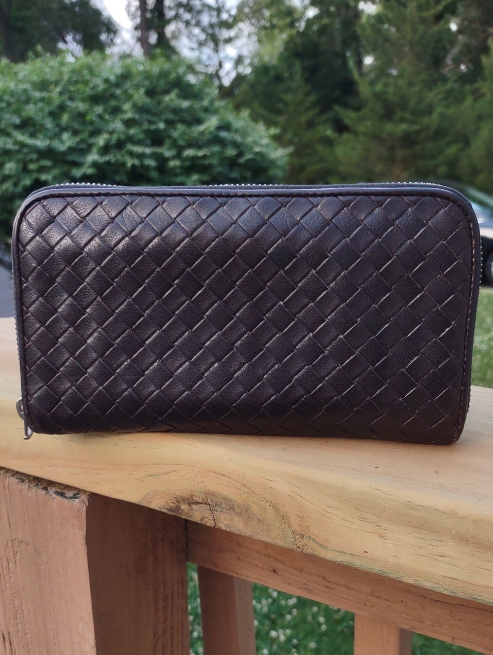 Bottaga Veneta Long Woven Zip Wallet - Black Leather.